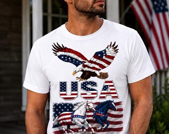 Patriotic USA Eagle T-Shirt, American Flag Bald Eagle Tee, July 4th Memorial Day Shirt, Patriotic Horses Red White Blue Graphic Tshirt