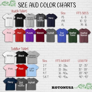 May include: A size and color chart for youth and toddler t-shirts. The chart displays various colors like white, black, pink, red, and navy. It includes size, fit, and length information in inches and pounds.