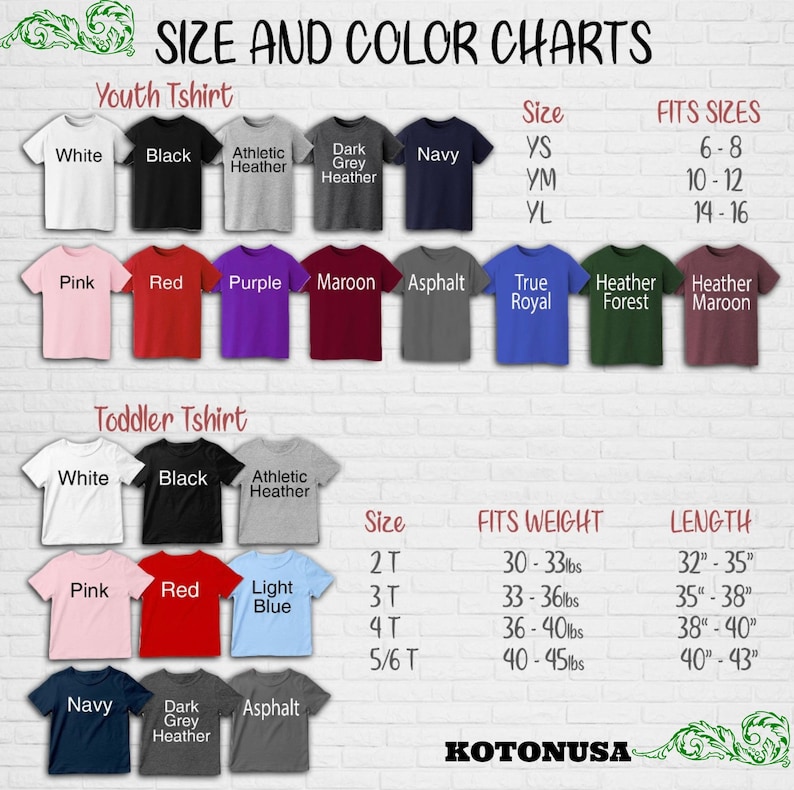 May include: A size and color chart for youth and toddler t-shirts. The chart displays various colors like white, black, pink, red, and navy. It includes size, fit, and length information in inches and pounds.