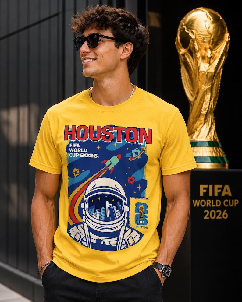 May include: A yellow t-shirt with a graphic promoting the FIFA World Cup 2026 in Houston. The design features an astronaut, a rocket, and the text "HOUSTON FIFA WORLD CUP 2026". A gold trophy is in the background.