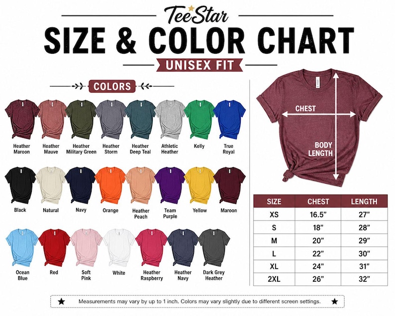 May include: A size and color chart for unisex t-shirts. The chart displays various colors, including black, navy, and orange. Measurements are provided for chest and body length, with sizes ranging from XS to 2XL. The text "Tee Star" is at the top.