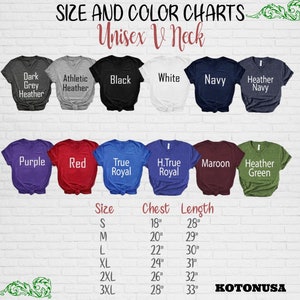 May include: A size and color chart for Unisex V-neck t-shirts. The chart displays various shirt colors, including dark grey heather, athletic heather, black, white, navy, and heather navy. Additional colors are purple, red, true royal, H. true royal, maroon, and heather green. The chart also includes size, chest, and length measurements.