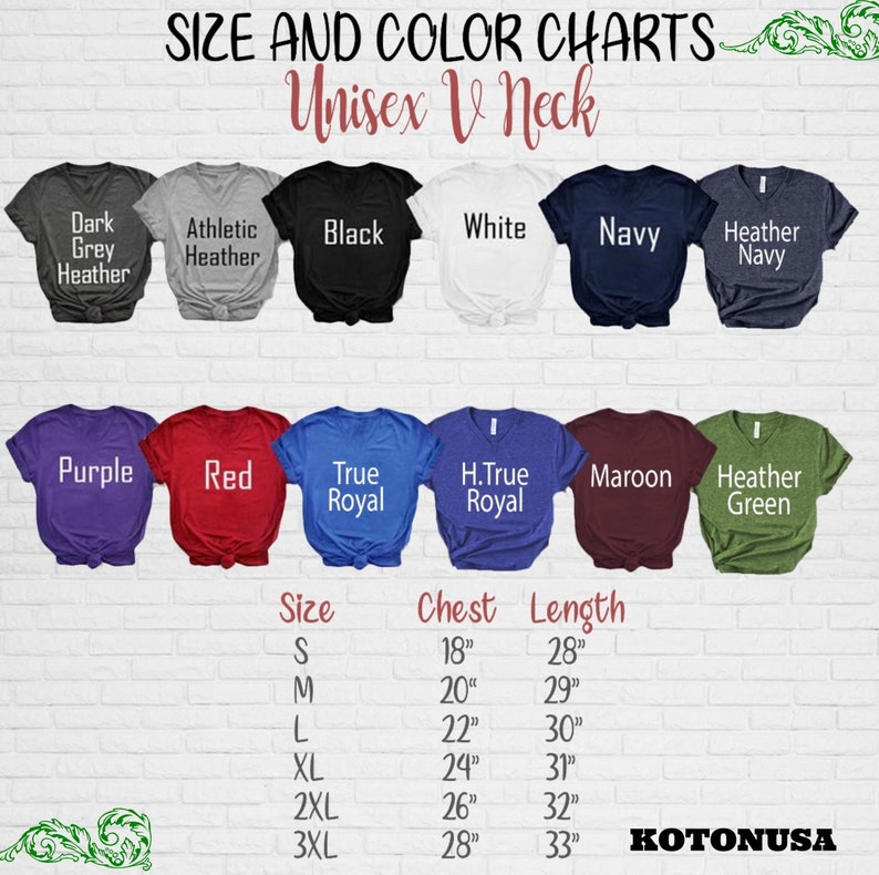 May include: A size and color chart for Unisex V-neck t-shirts. The chart displays various shirt colors, including dark grey heather, athletic heather, black, white, navy, and heather navy. Additional colors are purple, red, true royal, H. true royal, maroon, and heather green. The chart also includes size, chest, and length measurements.