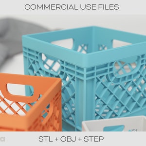 Puede incluir: Tres cajas de leche de pl&aacute;stico vac&iacute;as, una azul, una naranja y una blanca. Las cajas est&aacute;n apiladas una encima de la otra. El texto "STL + OBJ + STEP" est&aacute; impreso en la parte inferior de la imagen.