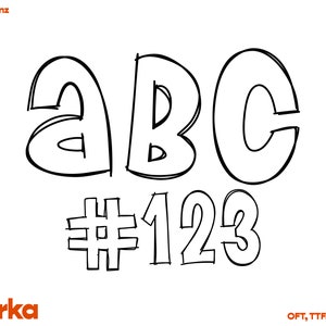 May include: Black and white line art design of the letters ABC and the numbers #123. The letters and numbers are stylized with a hand-drawn look.