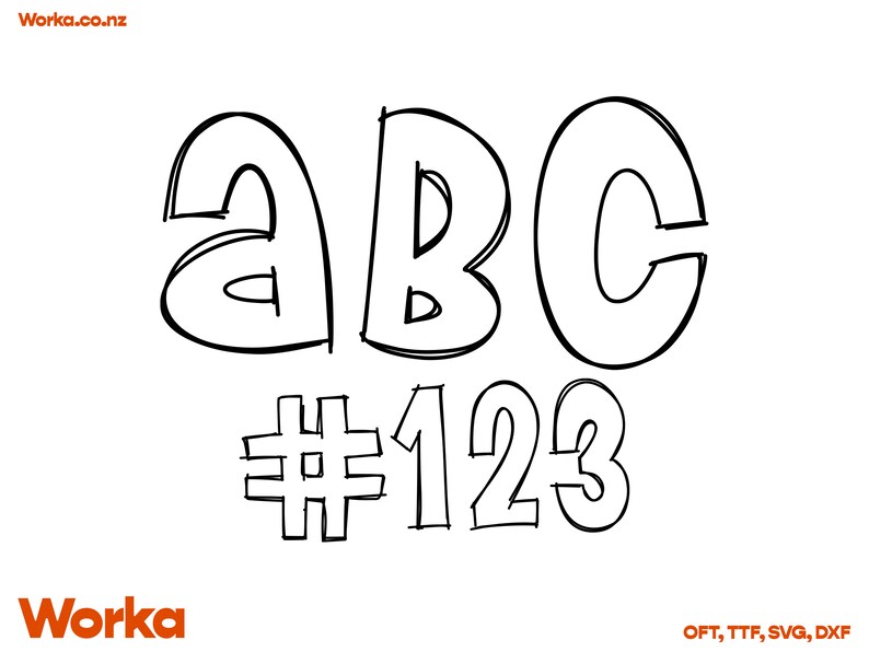May include: Black and white line art design of the letters ABC and the numbers #123. The letters and numbers are stylized with a hand-drawn look.