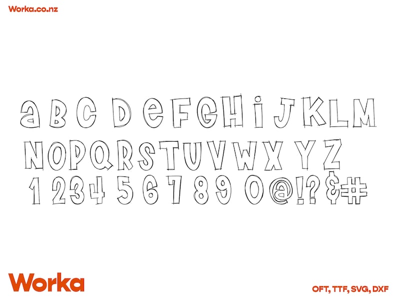 May include: Black and white outline font alphabet with uppercase letters, numbers, and symbols. The font is a cartoon style with rounded edges. The text "Worka.co.nz" appears at the top of the image and "Worka" appears at the bottom of the image. The text "OFT, TTF, SVG, DXF" appears at the bottom right of the image.