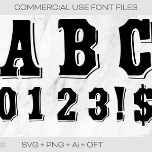 May include: Black and white font design with the letters A, B, C, numbers 0, 1, 2, 3, and symbols ! and $. The text "COMMERCIAL USE FONT FILES" is at the top of the image. The text "SVG + PNG + Ai + OFT" is at the bottom of the image.