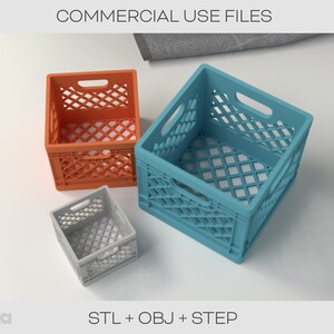Puede incluir: Tres cajas de pl&aacute;stico estilo caja de diferentes tama&ntilde;os. La caja m&aacute;s grande es azul, la caja mediana es naranja y la caja m&aacute;s peque&ntilde;a es gris. Las cajas est&aacute;n sobre una superficie blanca. STL + OBJ + STEP