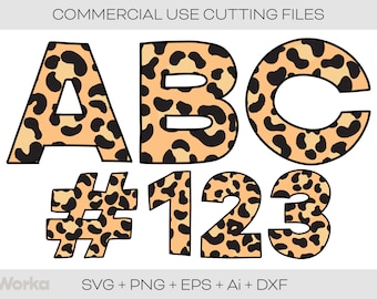 May include: A set of leopard print letters and numbers, including A, B, C, #, 1, 2, and 3. The letters and numbers are in a bold, cartoon-like font and are outlined in black. The background is white.