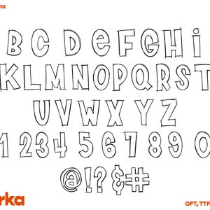 May include: Black and white outline font alphabet with uppercase letters, numbers, and symbols. The font is a bold, cartoon-style font.