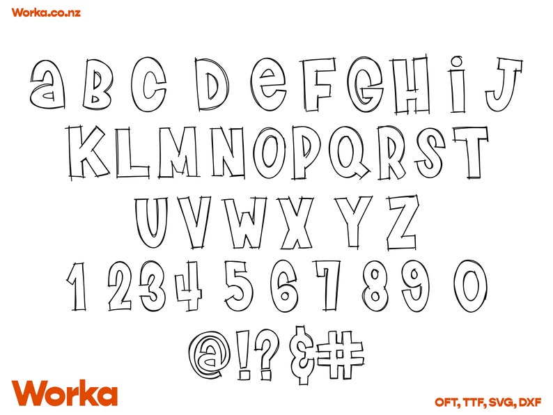 May include: Black and white outline font alphabet with uppercase letters, numbers, and symbols. The font is a bold, cartoon-style font.