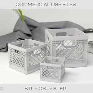 Puede incluir: Tres cajas de pl&aacute;stico blancas de diferentes tama&ntilde;os. Las cajas est&aacute;n hechas de un patr&oacute;n de rejilla y tienen una forma cuadrada. El texto "COMMERCIAL USE FILES" est&aacute; en la parte superior de la imagen. El texto "STL + OBJ + STEP" est&aacute; en la parte inferior de la imagen.