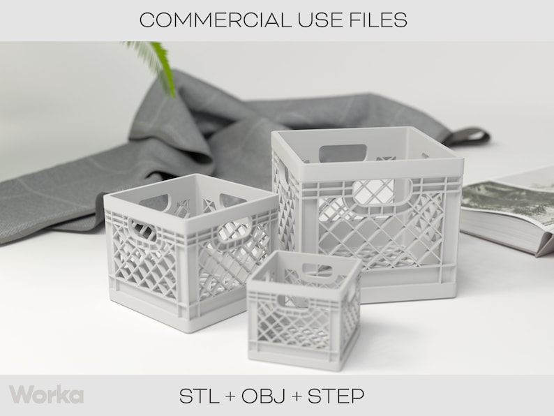 Puede incluir: Tres cajas de pl&aacute;stico blancas de diferentes tama&ntilde;os. Las cajas est&aacute;n hechas de un patr&oacute;n de rejilla y tienen una forma cuadrada. El texto "COMMERCIAL USE FILES" est&aacute; en la parte superior de la imagen. El texto "STL + OBJ + STEP" est&aacute; en la parte inferior de la imagen.