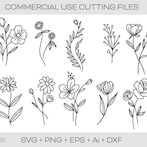 May include: A set of 10 black and white line drawings of various flowers and floral arrangements. The flowers include roses, daisies, and other simple floral designs.