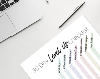 30 Day Level Up Checklist Printable Digital Download for Health, Wellness and Goal Direction