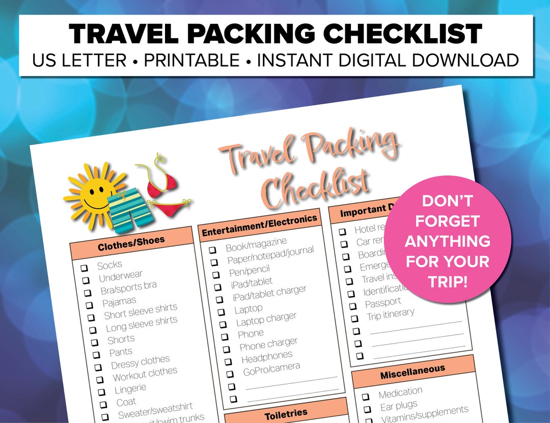 Printable Travel Packing Checklist, Vacation Checklist - Etsy Australia