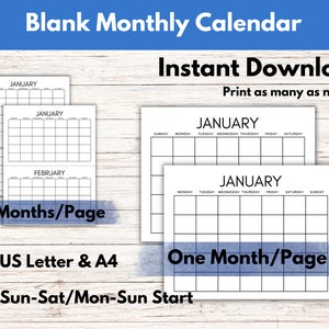 Blank Monthly Calendar Printable Yearly Planner, One Month a Page, Two Months a Page, Monthly ...