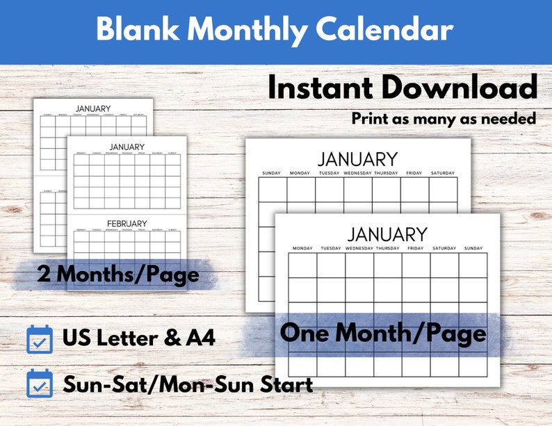 Blank Monthly Calendar Printable Yearly Planner, One Month a Page, Two ...