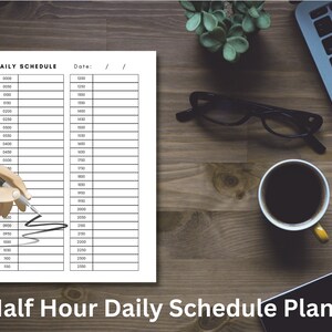 May include: A black and white daily schedule planner with a hand writing on it. The planner is divided into half-hour increments from 00:00 to 23:59. The text "DAILY SCHEDULE" and "Date:" is at the top of the planner.