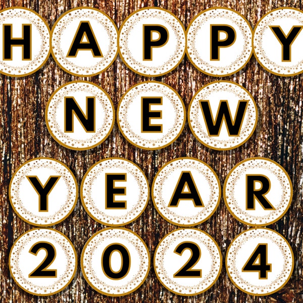 2024 New Year's Printable Banner White Black and Gold