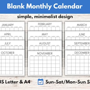 Blank Monthly Calendar Printable Yearly Planner, One Month a Page, Two Months a Page, Monthly Calendar Printable, Monthly Planner,