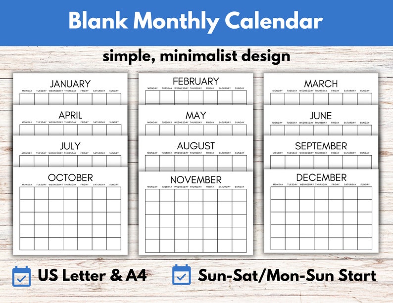 Blank Monthly Calendar Printable Yearly Planner, One Month a Page, Two ...