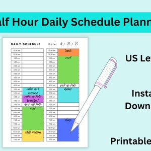 May include: A printable daily schedule planner with half-hour time slots for each activity. The planner is divided into three columns, with the first column showing the time from 12:00 am to 1:30 pm, the second column from 12:00 pm to 1:30 pm, and the third column from 12:00 pm to 1:30 pm. The planner is designed to help people organise their day and track their activities.