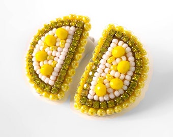 Lemon Slice Earrings, Yellow Beaded Fruit Earrings, Lightweight Handmade Women Earrings, Farmer Market Earrings, Unique Gift Ideas For Her