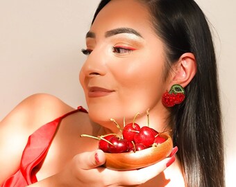 Cherry Earrings, Handmade Fruit Earrings, Red Beaded Studs, Fun Spring Summer Earrings