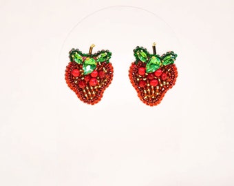 Strawberry Beaded Fruit Earrings, Strawberries Fruit Earrings, Casual Lightweight Accessories, Stud Beaded Earrings, Handmade Fruit Earrings