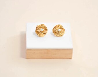 Twisted Knot Earrings, Pearl Accent Studs, Dainty Round Earrings, Gold Plated Studs, Soft Minimalist Accessories, Lightweight Earrings