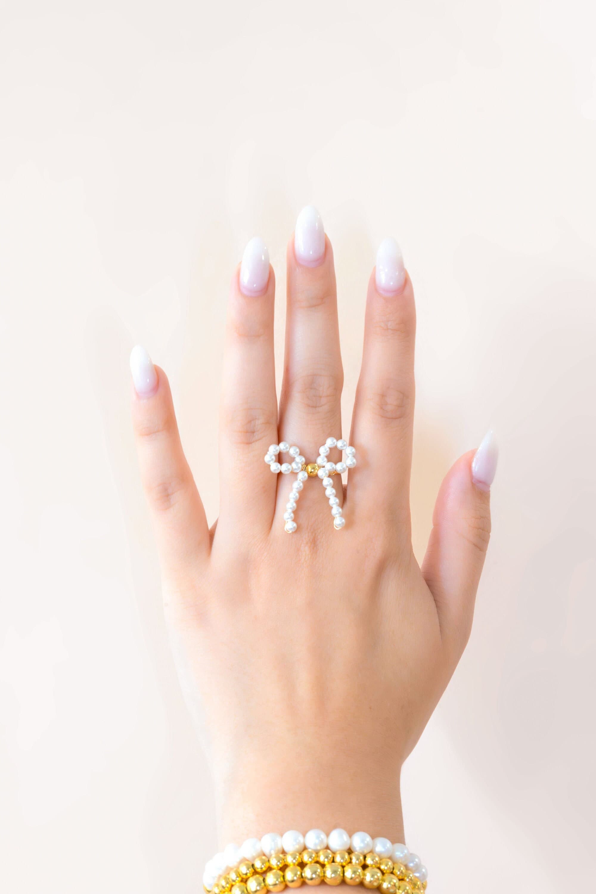 Freshwater Pearl Bow Ring, Handmade Adjustable Ring, Gold