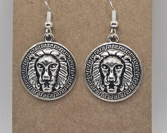 Silver Lion Face Earrings: Handmade Dangle Earrings, Hypoallergenic
