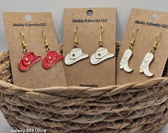 Handmade Enamel Cowboy Dangle Earrings; White Hat & Boot, Red Hat Tarnish Resistant
