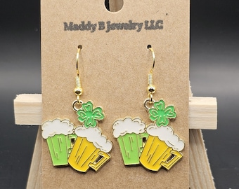 St. Patrick's Day Dangle Earrings: Shamrock & Beer Mugs