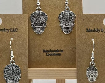 Day of the Dead Dangle Earrings, Handmade Sugar Skull Jewelry