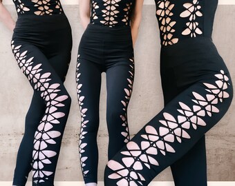 Leggings con trama a fessura / Pantaloni yoga intrecciati / Abbigliamento festival / Abbigliamento rave / Leggings triplicità