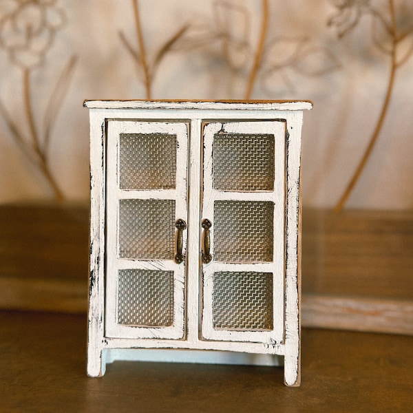Dollhouse Pie Cabinet (1:12 scale, white chipped antique look)