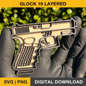 Glock 19 SVG / Layered Svg / 2A Pistola Download digitale / File tagliato al laser per Glowforge, XTool, CNC, Cricut / 3D Gun Wall Art, Vector PNG