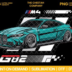 May include: A teal blue BMW M4 car with black wheels and a checkered flag design. The car has the text "M4" and "G82" on it. The text "THE CHEETAH COMPANY" is at the top of the image.