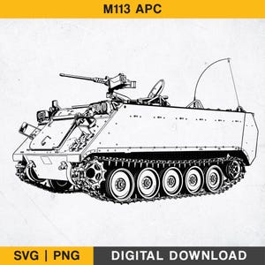 Op de afbeelding: Zwart-wit lijntekening van een M113 APC. De afbeelding bevat de tekst "M113 APC" bovenaan en "SVG | PNG DIGITAL DOWNLOAD" onderaan. Het voertuig heeft een geschutstoren en een antenne.