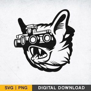 May include: Black and white graphic of a cat's head wearing night vision goggles. The cat is snarling, with visible teeth. The image includes the text "SVG | PNG DIGITAL DOWNLOAD".
