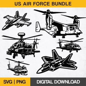 May include: Black and white digital illustrations of US Air Force aircraft, including fighter jets, helicopters, and a tiltrotor aircraft. The image includes the text "US AIR FORCE BUNDLE", "SVG | PNG", and "DIGITAL DOWNLOAD".