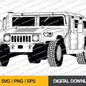 Może przedstawiać: Czarno-biały rysunek wojskowego Humvee. Pojazd jest zwrócony przodem, widoczne są przedni grill, reflektory i opony.