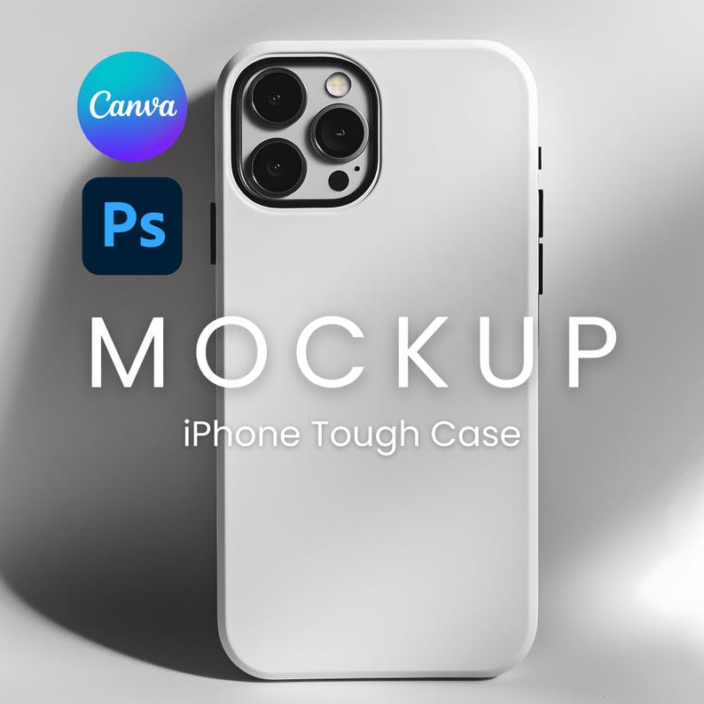 May include: White iPhone tough case mockup with a camera lens cutout. The text "MOCKUP" and "iPhone Tough Case" is printed on the case.