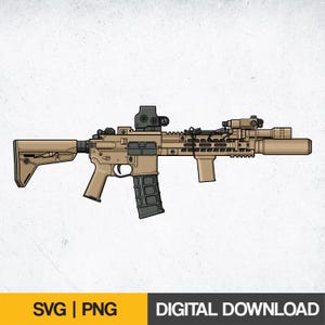 Puede incluir: Rifle de color beige con detalles en negro, con mira telescópica, cargador y varios accesorios. La imagen incluye el texto "SVG | PNG" y "DESCARGA DIGITAL" en la parte inferior, indicando un producto digital.