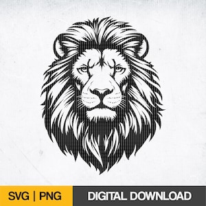 May include: Black and white illustration of a lion's head with a thick mane. The lion is looking directly at the viewer.