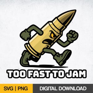 Könnte beinhalten: Eine Cartoon-Illustration einer Kugel mit einem Gesicht, die mit dem Text "TOO FAST TO JAM" darunter rennt.