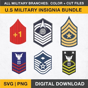 US Military 114 Enlisted Rank SVG, PNG Bundle | 114 Chevrons, Color, Black, Cut File | Army, Navy, Air Force, Space Force, Coast Guard, +1